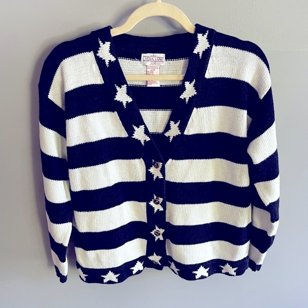 Vintage Sweater Navy White Stripes Stars nautical made in Hong Kong ramie cotton